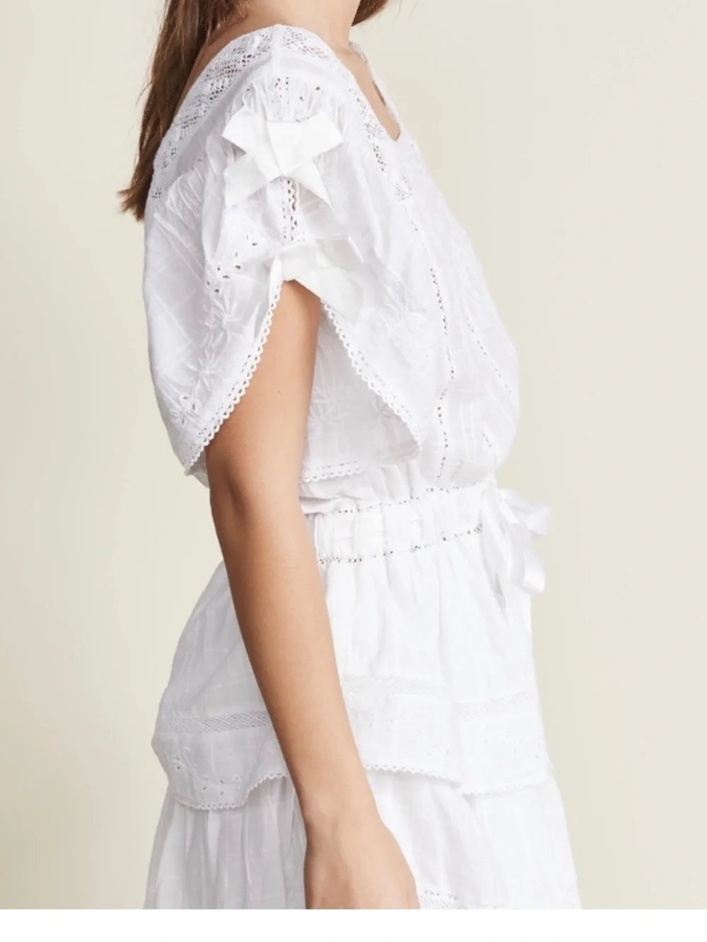 LOVESHACKFANCY Dorothy Dress White Lace Embroidered Bows Size M